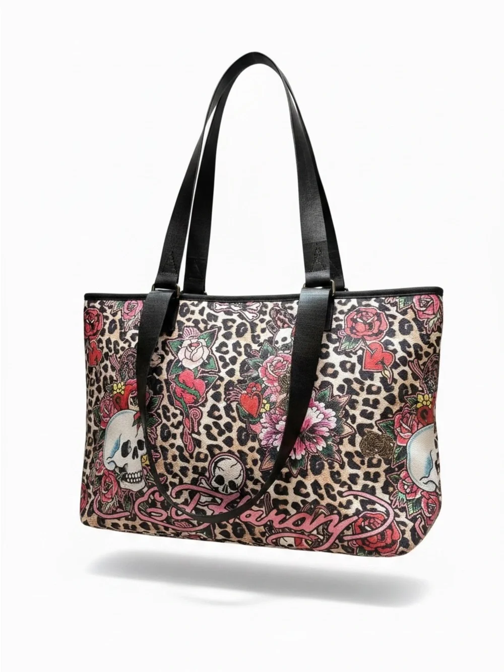 Floral Leopard Print Tote Bag with Skull Accents - Pink
